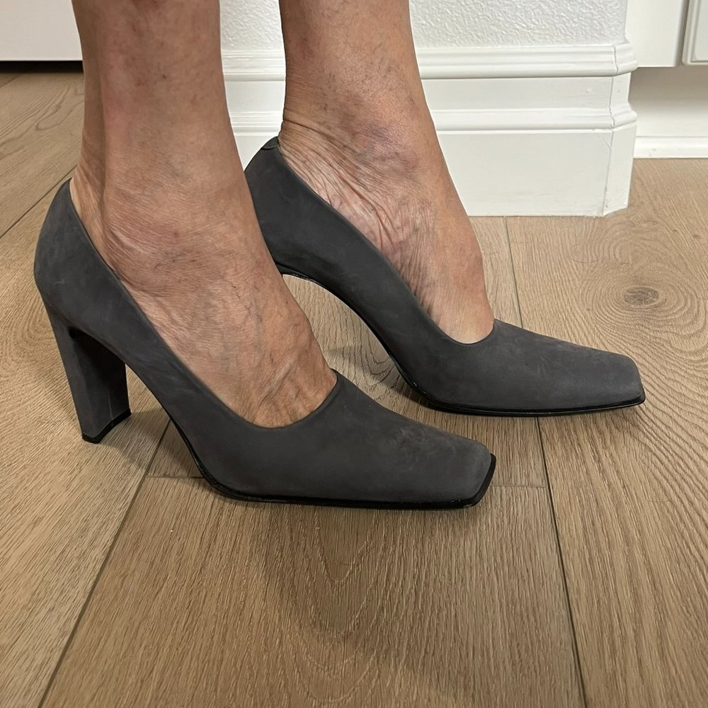 El Dantes Couture grey suede pumps with square half block heels made in Spain